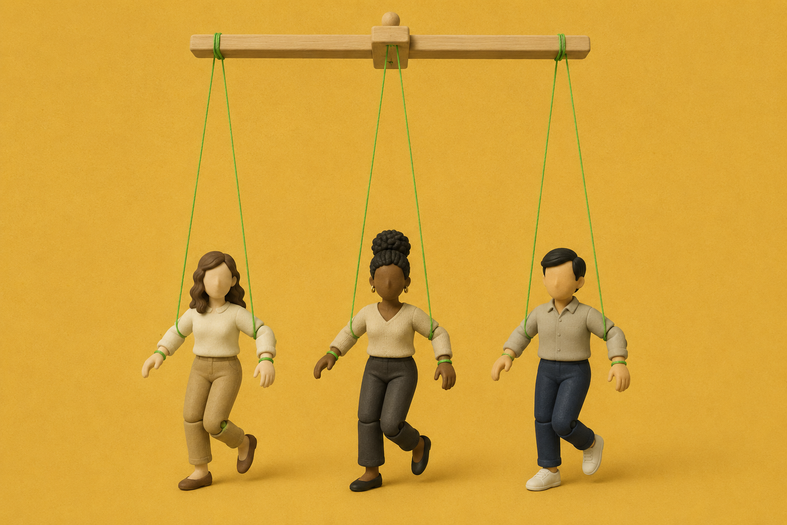 Three faceless clay figures stand side by side as marionettes, controlled by green strings attached to a wooden bar against a yellow background.