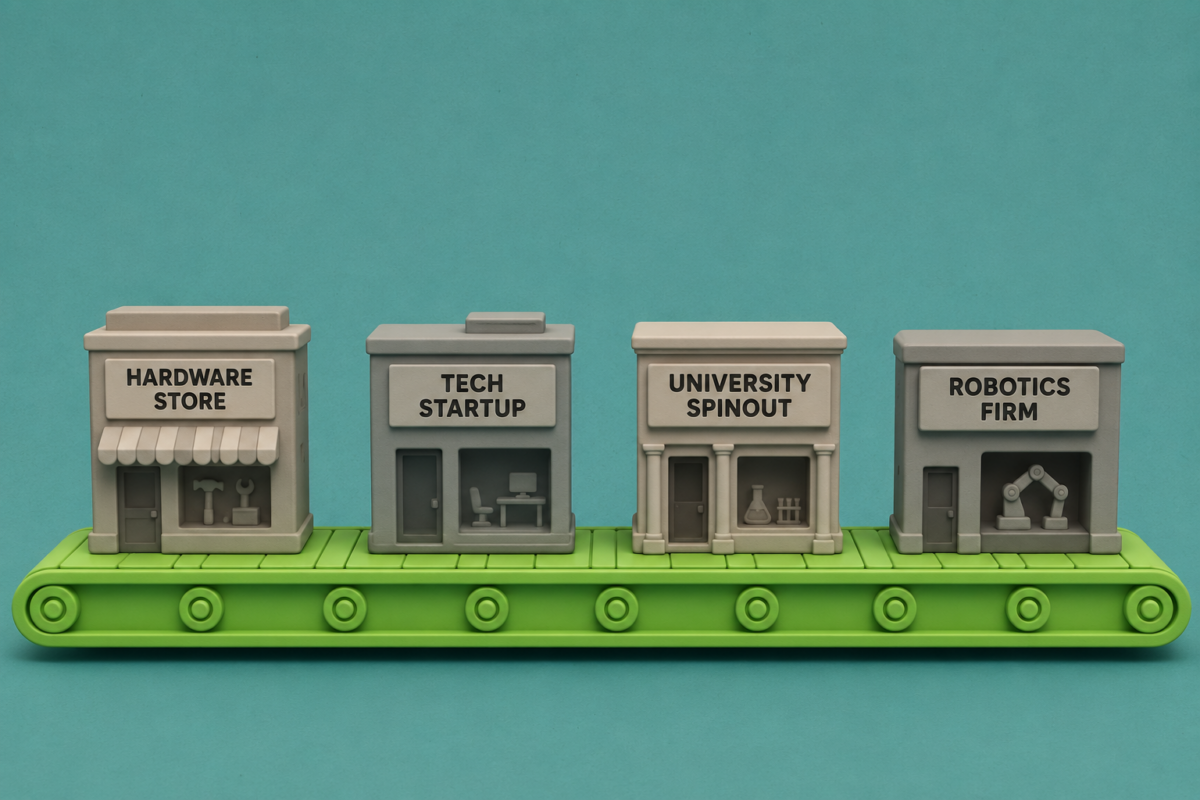 Toy storefronts labeled Hardware Store, Tech Startup, University Spinout and Robotics Firm travel along a bright green conveyor belt.