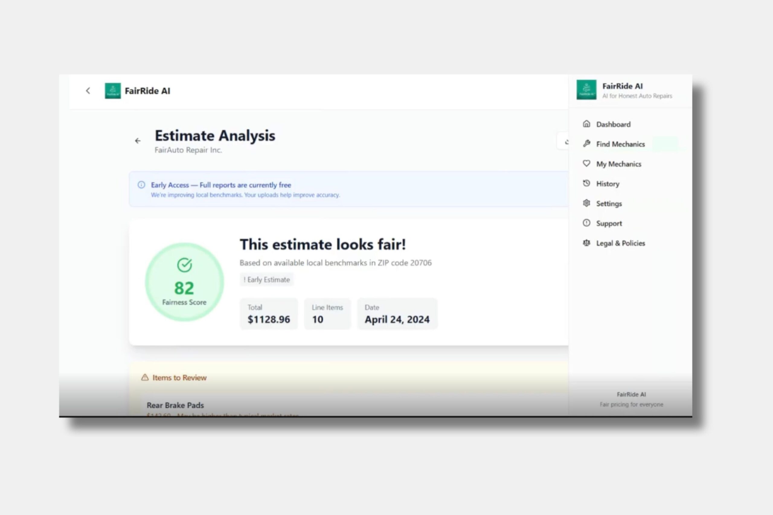 A website dashboard shows an estimate analysis with a fairness score of 82, cost of $1128.96, and a date of April 24, 2024. A menu is visible on the right side.