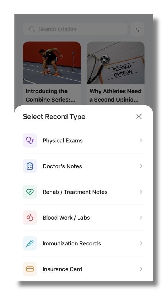 Mobile app screen showing a menu to select record type, including options like physical exams, doctor's notes, rehab notes, labs, immunization records, and insurance card.