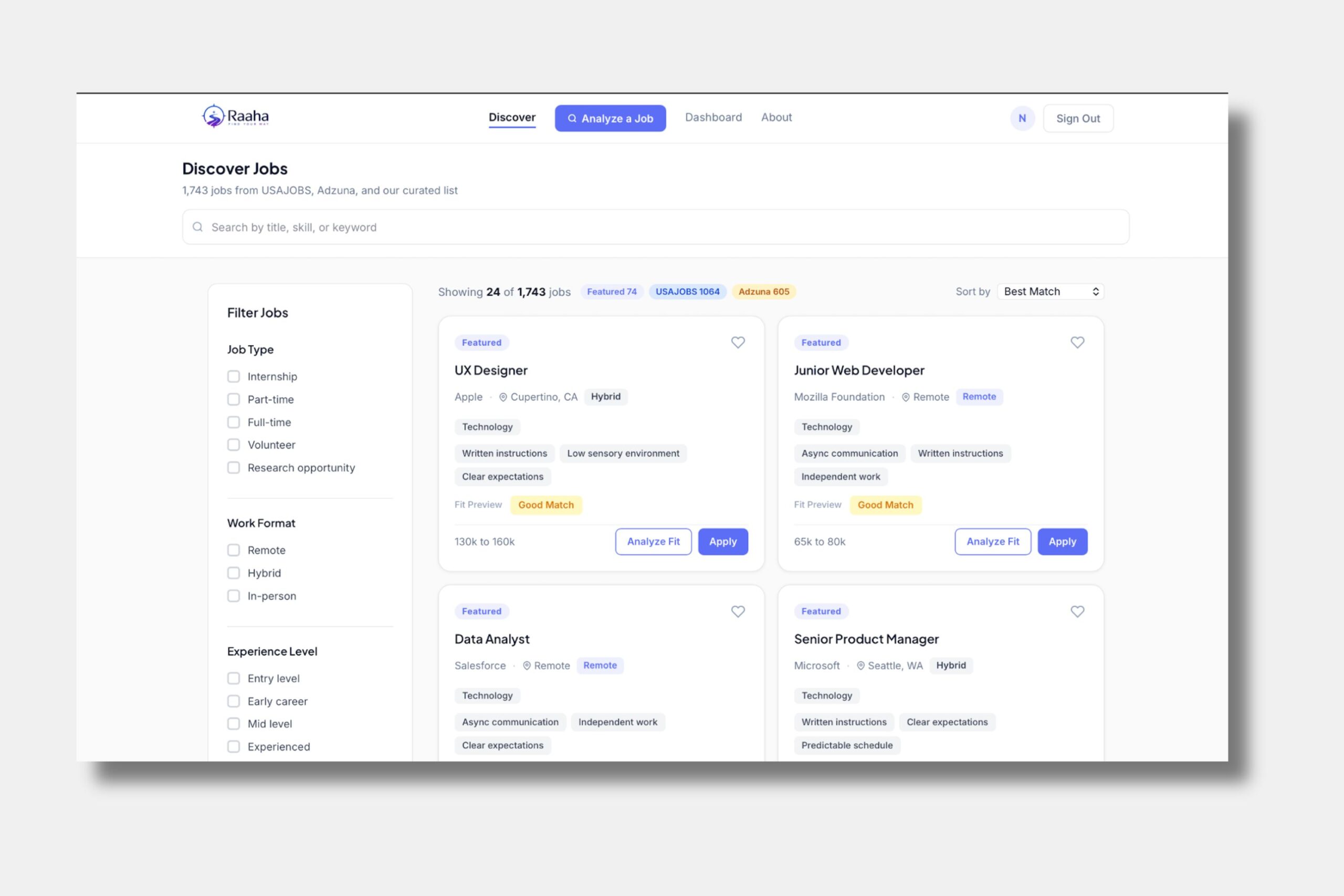 A job search website interface showing job filters on the left and a grid of job listings with roles, companies, and apply buttons on the right.