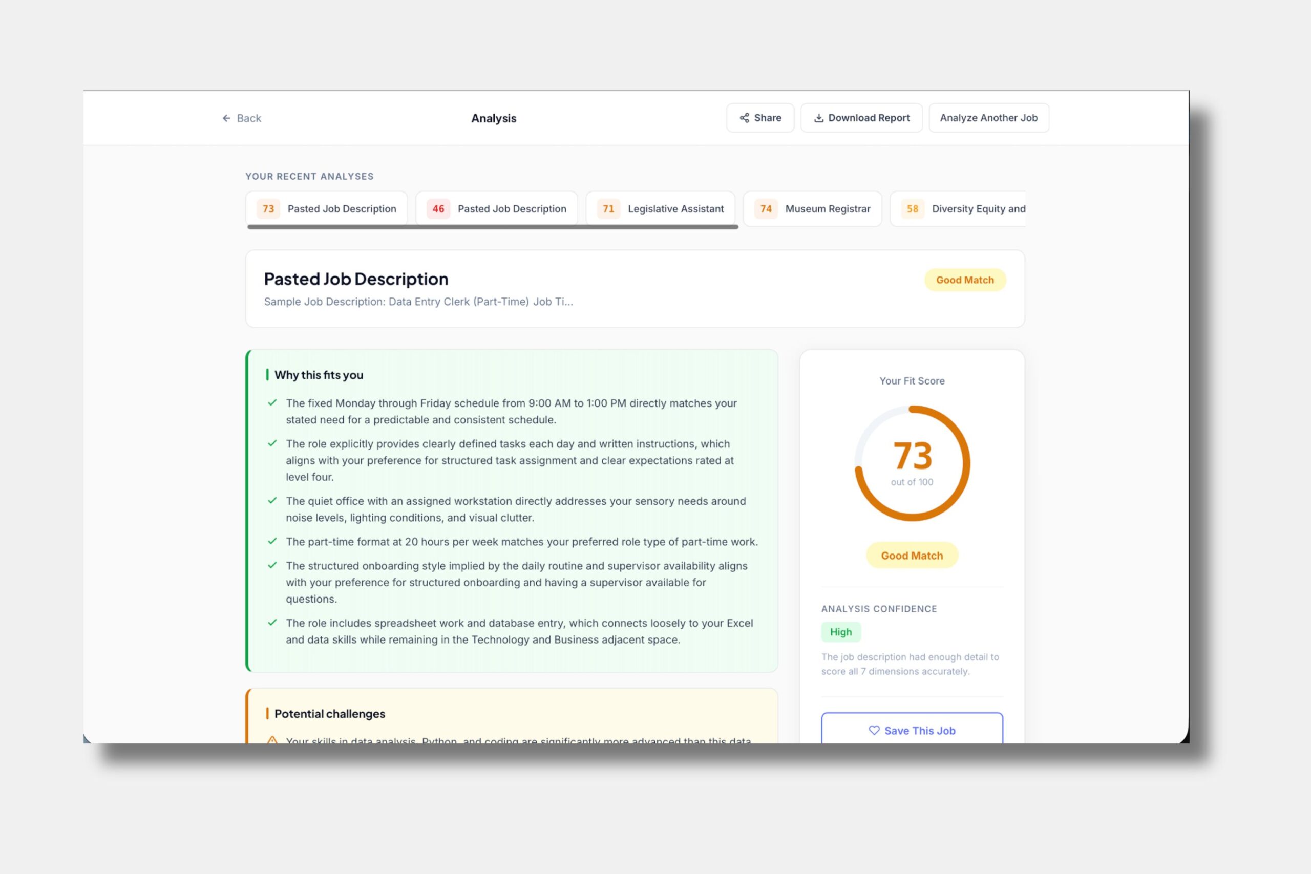 A job analysis dashboard shows a job fit score of 73 with job details, feedback, and highlighted job description content on a white interface.