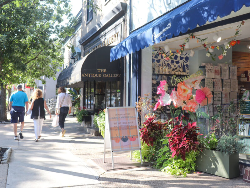 People walk on a sunny sidewalk past shops, including a boutique with a blue awning and bright floral decorations in the window.