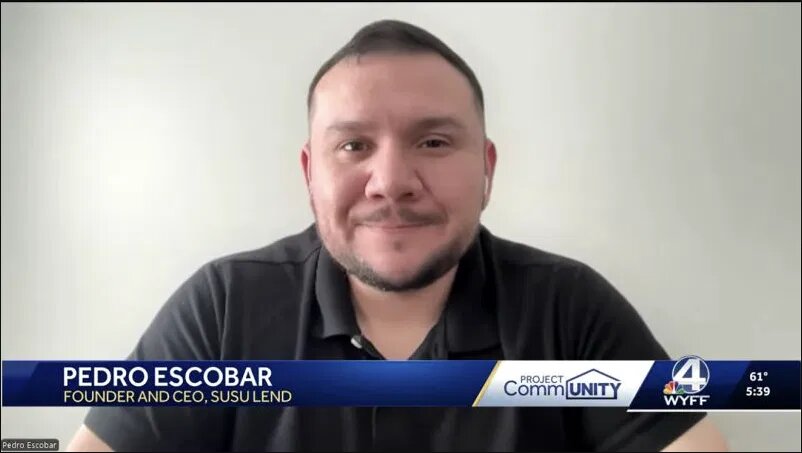 A man sits indoors, looking at the camera. Text on screen reads: “PEDRO ESCOBAR, FOUNDER AND CEO, SUSU LEND” with TV network and program logos at the bottom.