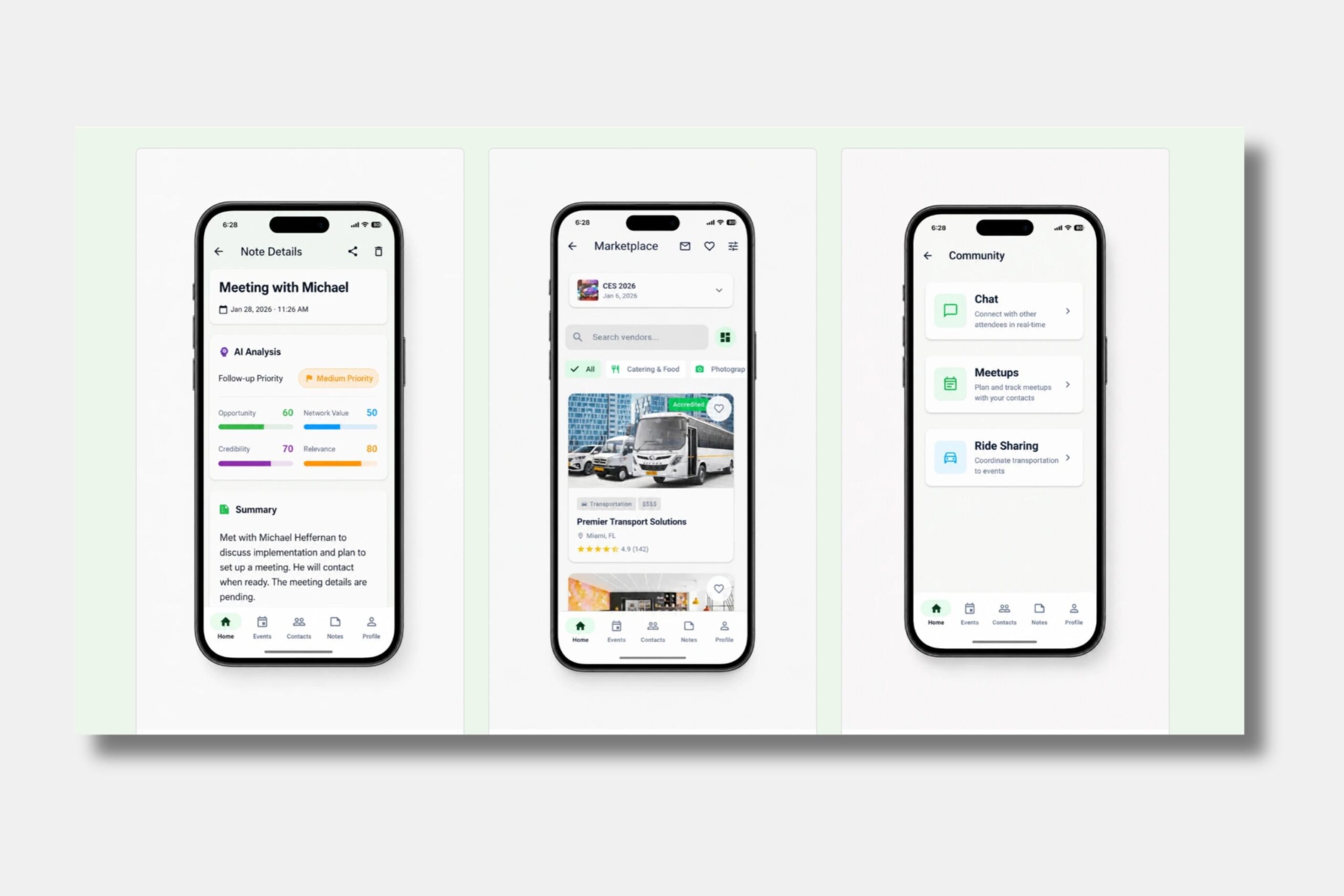 Three smartphones display different app screens: meeting details, a vehicle marketplace, and a community page with chat, meetups, and ride sharing options.