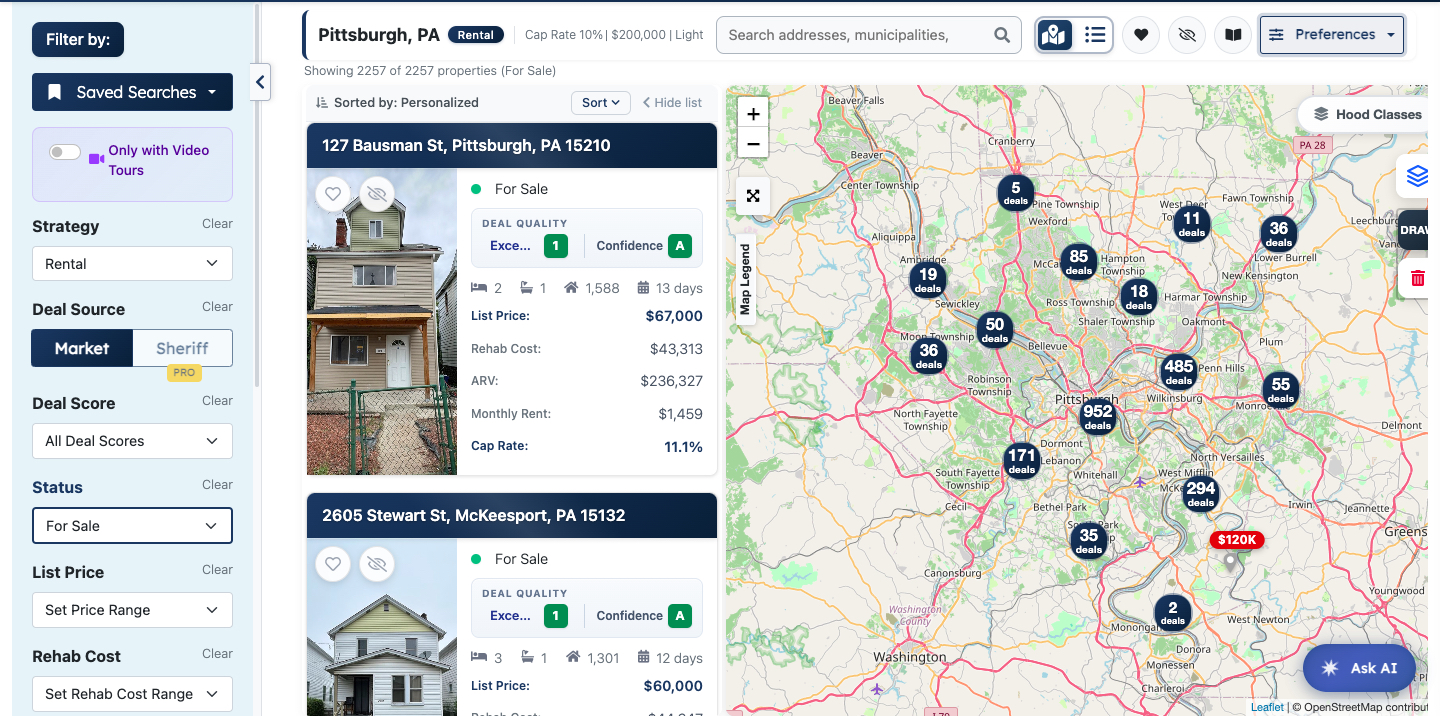 A real estate listings webpage shows properties for sale in Pittsburgh, PA, with listing details on the left and a map with numbered location markers on the right.