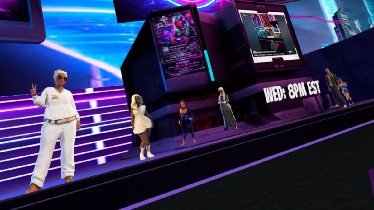 Several avatars stand on a virtual stage with neon lights and digital screens displaying graphics and event information, including “WED: 8PM EST.”.