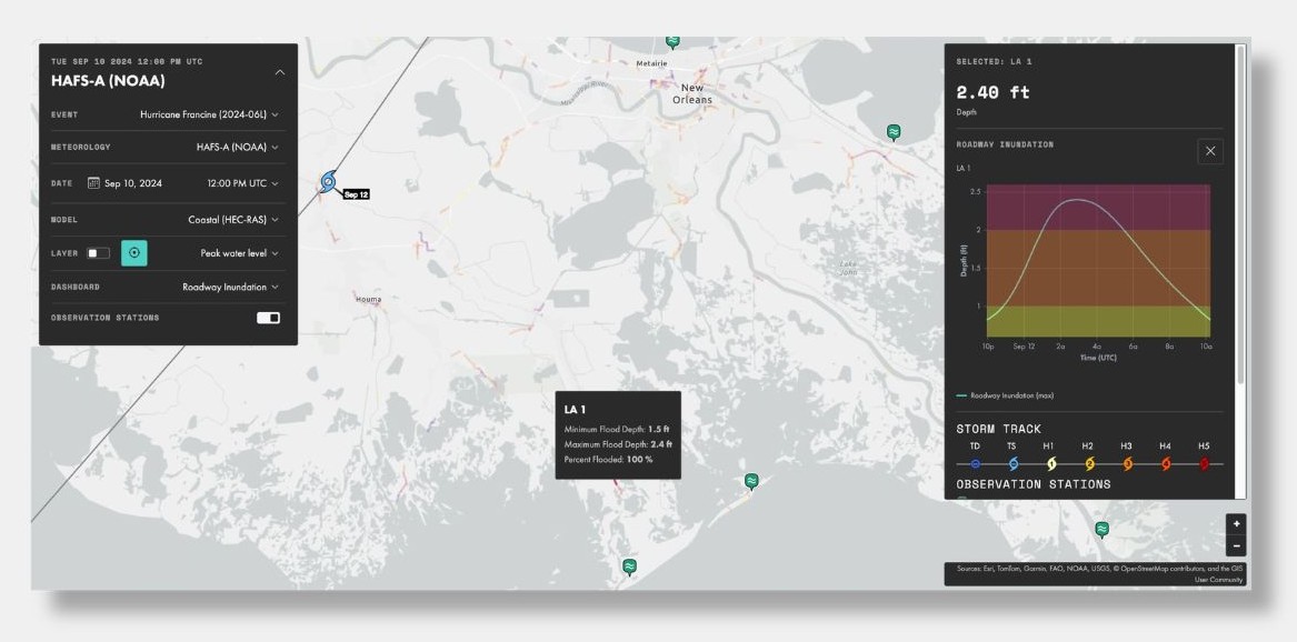 A digital dashboard shows a Louisiana map, storm track, flood risk stats, and a graph of water levels reaching 2.48 feet during Hurricane Ian, with interactive observation station data.