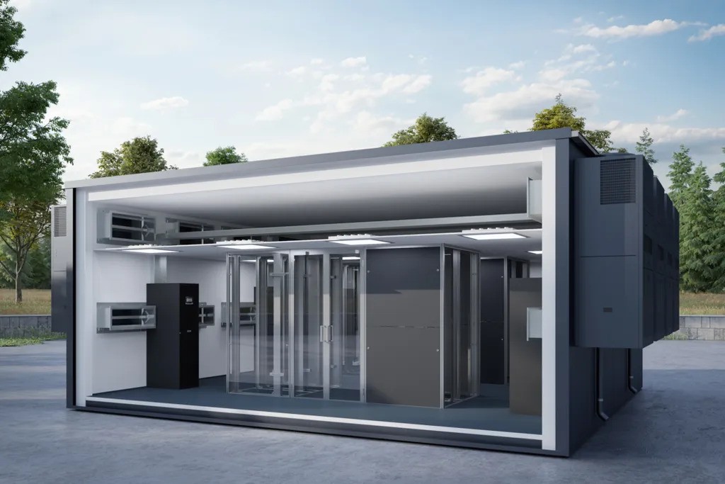 A modular data center unit with visible server racks and cooling equipment, situated outdoors on a concrete surface with trees in the background.