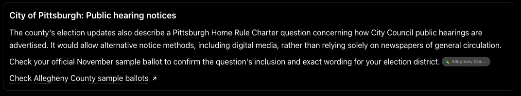 Notice regarding a City of Pittsburgh ballot question on changing how public hearings are advertised, with a link to check Allegheny County sample ballots.