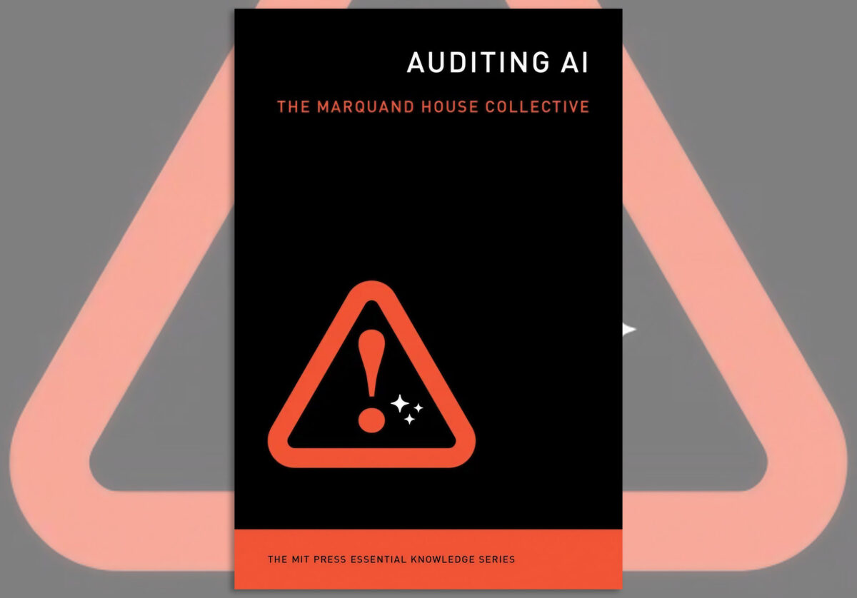 Book cover for “Auditing AI” by The Marquand House Collective, part of the MIT Press Essential Knowledge Series, featuring an orange warning triangle icon with a sparkle.