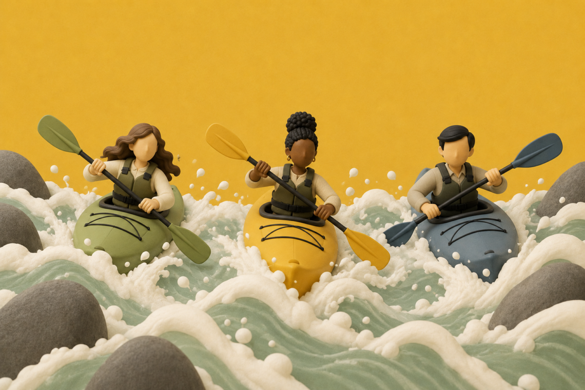 Three stylized figurines in green, yellow, and blue kayaks paddling through white-capped water surrounded by gray rocks.